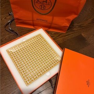 Hermès Gold Patterned Plate in Signature Orange Box